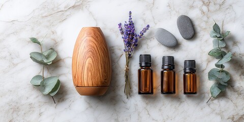 Flat lay of aromatherapy elements: essential oil bottles, wooden diffuser, dried lavender, and a small sprig of eucalyptus on a marble surface, natural healing concept.