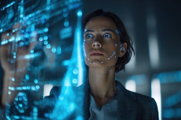 Future in Focus: A woman, immersed in a futuristic digital interface, her gaze intense as she interacts with glowing blue data streams.