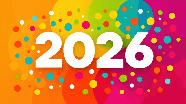 A vibrant, colorful design featuring the bold number 2026 surrounded by playful dots, ideal for New Year celebrations, event promotions, or any festive marketing materials,