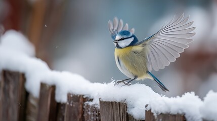Obraz premium Blue tit balances on a snowy fence branch during winter, showcasing its colorful feathers and graceful wings