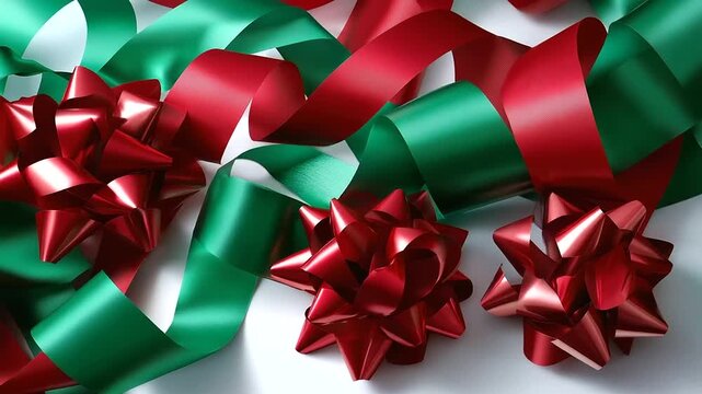 Artistic layout of multi-sized green and red ribbons curled around shiny bows, dynamic diagonal design suggesting joyful motion, with copy space.