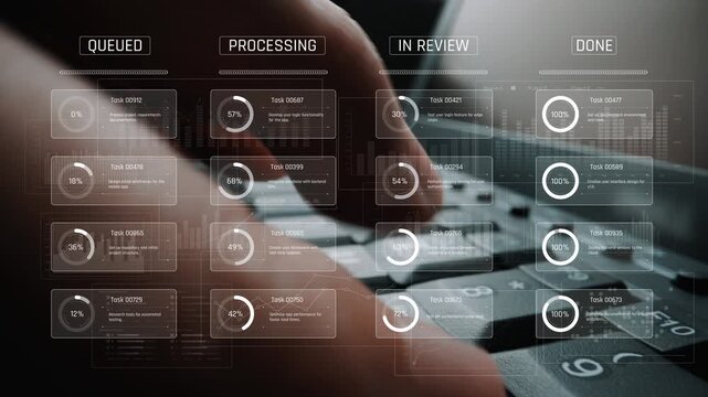 Task management tool dashboard showing kanban-style workflow with columns for to do, in progress, in review, and done, including task cards, progress, and team icons Marrow