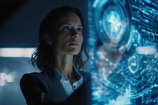 Data Analyst: A focused individual analyzes a complex data interface with concentration, representing a pivotal moment in the digital age.