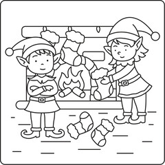 Two adorable christmas elves preparing gifts and socks for santa s workshop