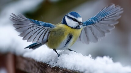 Blue tit bird spreads its wings while perched on a snowy branch in winter
