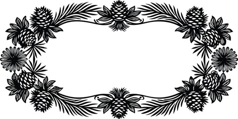 Engraved Decorative Christmas Frame with Pine Branches and Cones — Vintage Holiday Border, Etched Winter Botanical Illustration, Festive Engraving for Seasonal Design