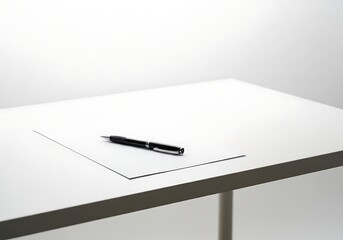 A black pen rests on a blank sheet of paper on a white table, isolated on white background