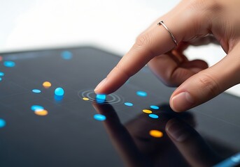 A persons finger interacting with a dark, reflective surface displaying a vibrant, scattered pattern of glowing blue and orange digital elements