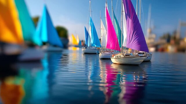 Defocused image of colorful sails and boats gathering after the finish, festive marine atmosphere, with copy space.