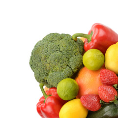 Fresh Corner of Citrus Fruits, Vegetables, and Berries on White