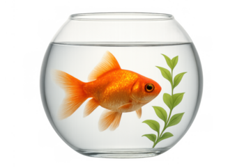 Goldfish swimming in a fishbowl with aquatic plant, symbolizing confinement, captivity, loneliness, and limited space on transparent background