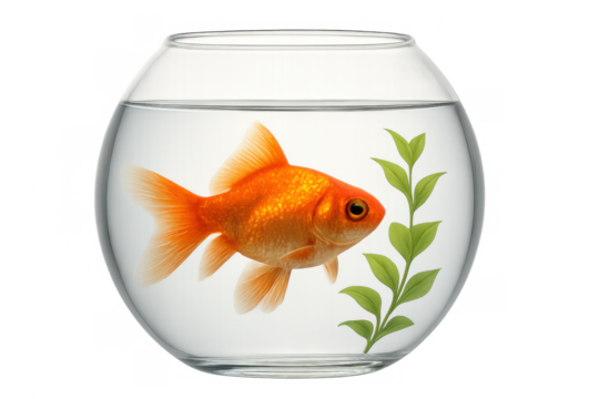 Goldfish swimming in a fishbowl with aquatic plant, symbolizing confinement, captivity, loneliness, and limited space on transparent background