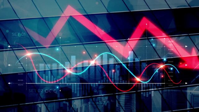 Economic caution visualized with fluctuating market graph, alert symbols, and negative data trends. Represents financial risk, market volatility, and economic uncertainty. Muxer - Powered by Adobe