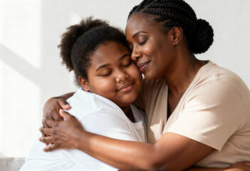 Obraz premium Affectionate black mother hugging her daughter with love. Loving african american family sharing a tender moment of connection. Motherhood and family bond concept
