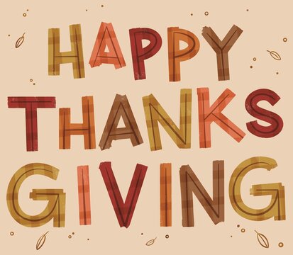 Happy Thanksgiving Hand Drawn Lettering with Fall Leaf Decor and Rustic Gingham Pattern