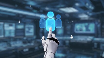 A robotic hand reaches out to interact with glowing user icons in a high-tech environment, symbolizing advanced technology, connectivity, and digital innovation. Auvana - Powered by Adobe