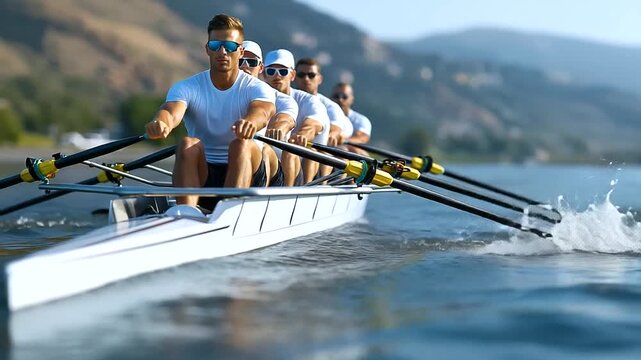 Regatta team captured mid-race, faces unseen, highlighting the rhythm of motion and power, soft focus background, with copy space.