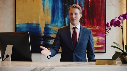 Professional Man Standing in Front of Modern Desk, Exuding Corporate Authority and Executive Presence, Perfect for Corporate Event Backgrounds or Business Presentation Use Cases.