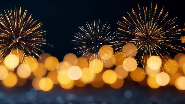 Golden fireworks exploding in the night sky. Festive celebration background with sparkling bokeh lights. New Year's Eve holiday concept