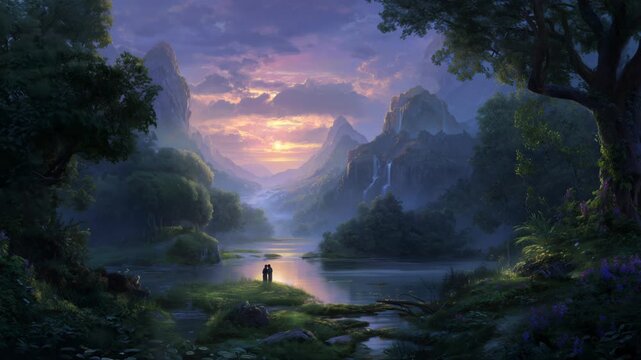 Adam and Eva enjoy a peaceful moment together by a calm river as the sunset paints the sky with warm colors. Majestic mountains rise in the background, creating a magical atmosphere.