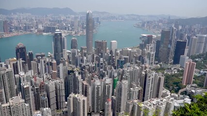 Aerial panorama top view of forest peak slope and view of high-rise skyscrapers of Hong Kong city. China. 20 March 2025