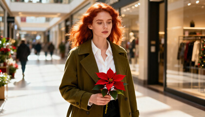 Fototapeta premium Young redhead woman with a poinsettia flower Christmas shopping in a mall. Stylish person in a green coat during the festive holiday season