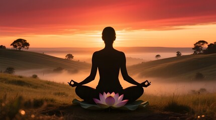 Silhouette of a Woman Meditating with a Lotus Flower at Sunset for Spiritual Peace