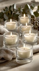 Elegant spa still life with burning candles in glass holders creating relaxing atmosphere