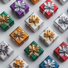 Isometric view of colorful glittering gift boxes with gold and silver bows arranged in pattern