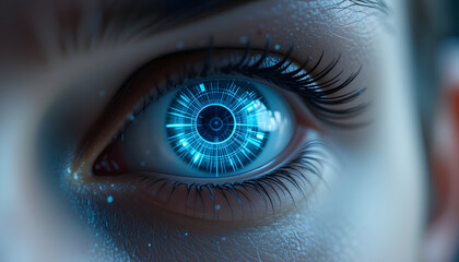Extreme Close-up of Eye with Glowing Blue Digital Interface