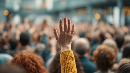 Crowd with raised hands at a public event in a city location during the day