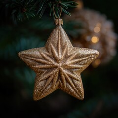 Beautiful gold glitter star Christmas ornament hanging on fir branch with festive background