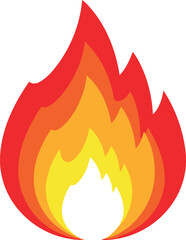 A simple, stylized graphic illustration of a vibrant red and orange flame with a yellow core.