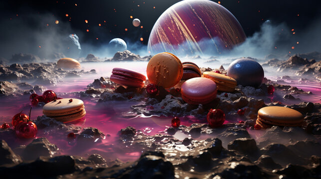 Colorful macarons and cherries lie on a rocky alien landscape with glowing pink liquid and distant planets, creating a surreal space-themed dessert scene