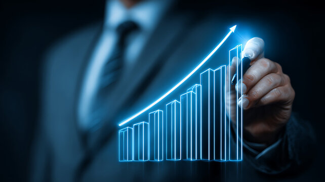 Man in Suit Draws Upward Business Growth Graph