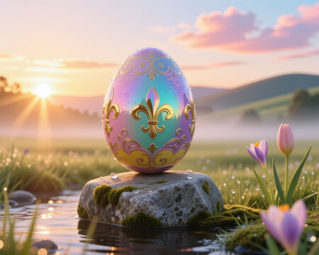 Easter illustration of an ornate egg with gold filigree on a mossy rock beside a stream, surrounded by flowers and a sunrise background in a whimsical digital painting style.