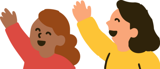 Two cheerful children joyfully raise their hands and smile in a bright, playful flat-style illustration.