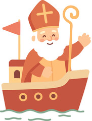 A cheerful Sinterklaas waves from his festive red boat as he arrives over gently rippling water.