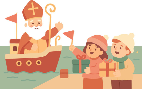 A cheerful Sinterklaas arrives by boat as two excited children greet him with flags and gifts in a warm, festive illustration.