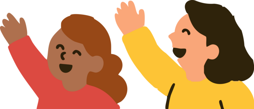 Two cheerful children joyfully raise their hands and smile in a bright, playful flat-style illustration.