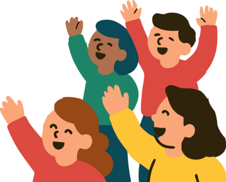 A joyful group of children cheerfully raising their hands and smiling together in a bright, playful flat-style illustration.