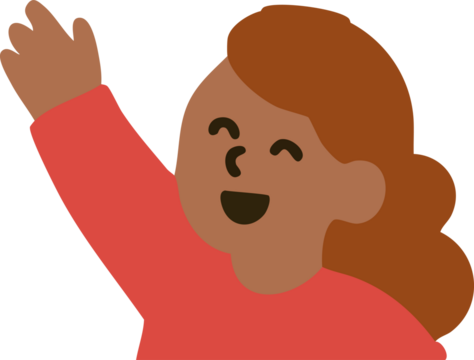 A cheerful child with raised arm smiles brightly in a simple, colorful flat-style illustration.