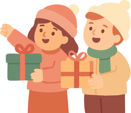 Two cheerful children in winter clothing happily hold wrapped gifts while smiling and waving.