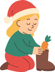 A smiling child in festive clothing kneels down to place a carrot into a boot as part of a traditional Sinterklaas celebration ritual.