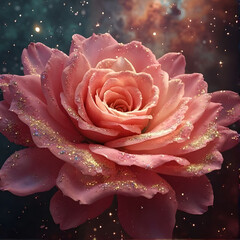 Pink rose with fresh water droplets in a closeup view