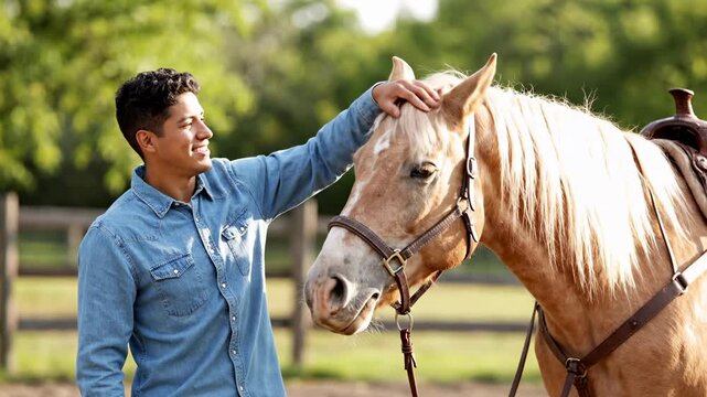 Smiling young man in a denim shirt affectionately stroking a beautiful palomino horse on a sunny day at the ranch, showcasing a strong bond between human and animal in a rural setting