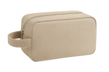 Beige fabric toiletry bag, perfect for travel or daily use, organizing cosmetics, makeup, and personal care products. Transparent background