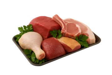 Assorted raw meats on tray with parsley garnish