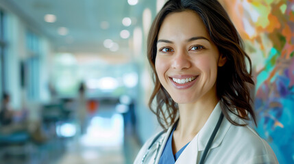 Smiling female doctor in a medical environment, cheerful mood, healthcare background, copy space