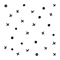 A playful and whimsical abstract pattern of scattered black circles and crosses on a clean white background perfect for modern design projects